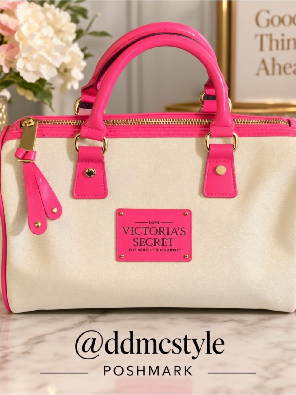 Victoria's Secret Cream Tote with Hot Pink Trim
